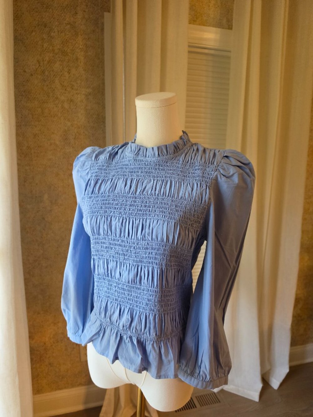 Heyson Powder Blue Smocked Puff-Sleeve Cotton Blouse S NWT